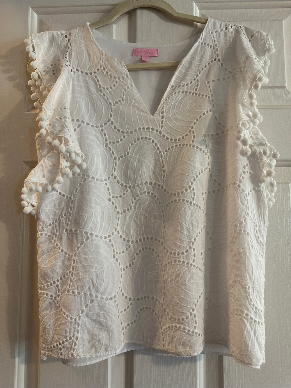 Lilly Pulitzer White Eyelet Pom-Trim V-Neck Top